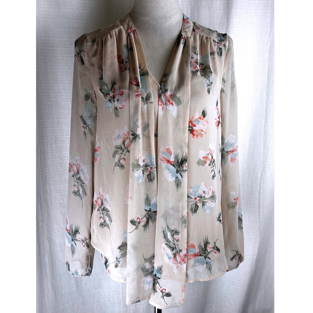 Daniel Rainn Womens Beige Floral Tie Neck Chiffon Long Sleeve Blouse Size S